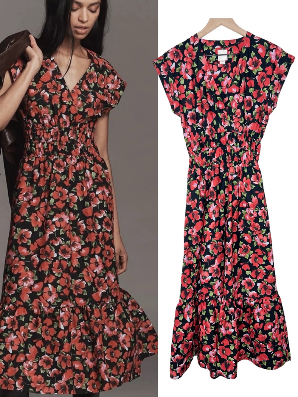 Anthropologie Maeve Cap-Sleeve V-Neck Smocked Midi Dress Red Floral size XS